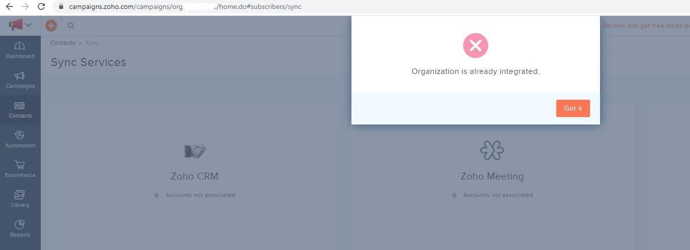 Zoho MarketingHub Organization is already integrated error message