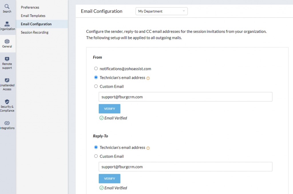 Zoho Assist Email domain branding send from address